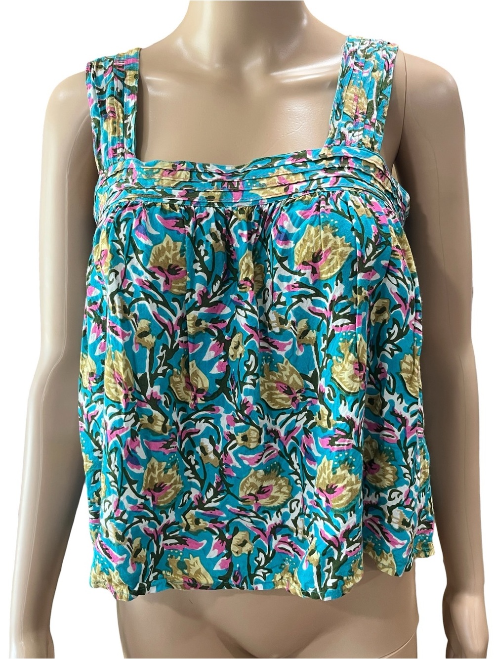 Natural Life Kate Pleated Tank Top Turquoise Floral S